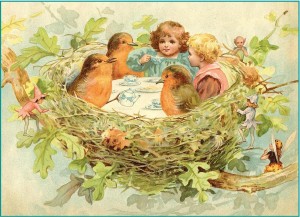 Children having Tea with Birds in Nest & Fairies